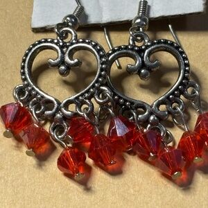 Heart-Shaped Silver Earrings with Red Accents